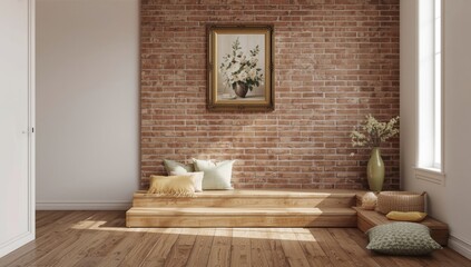Interior staircase adjacent to a textured brick wall with framed decor, suitable for home renovation backgrounds
