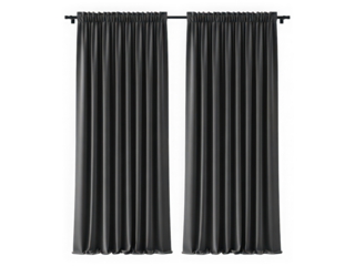 Elegant black curtains drape gracefully against white background isolated on transparent background