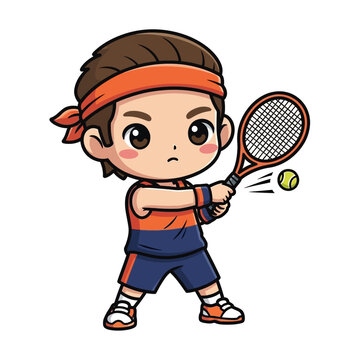 Chibi Tennis Player Illustration A Cute Cartoon Boy in Action with Racquet and Ball