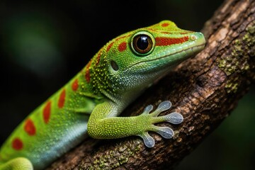 Naklejka premium Close up of an alert Malagasy gecko scaling a branch with a dark blurry background