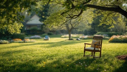 Fototapeta premium Lush garden scene featuring greenery, shade trees, and blooming flowers, suitable for landscape design and outdoor leisure, springtime
