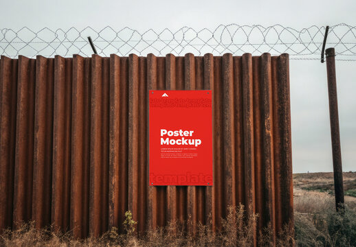 Poster Mockup on Metal Fence with Urban Backdrop for Industrial Advertising