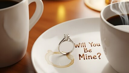 A stunning diamond engagement ring rests upon a small white saucer next to steaming coffee mugs presenting the romantic question will you be mine forever.