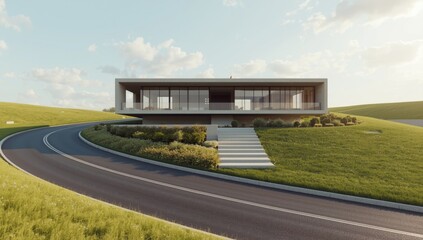 3d model of a contemporary minimal residence with sloped street access, designed for architectural visualization