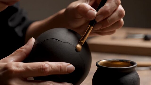 Close-up of hands repairing cracked black ceramic with gold paint. Artisan practicing the Japanese art of Kintsugi restoration.
