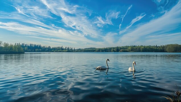 Group of floating white swans on calm water peacefulness, ideal for editorial header backgrounds