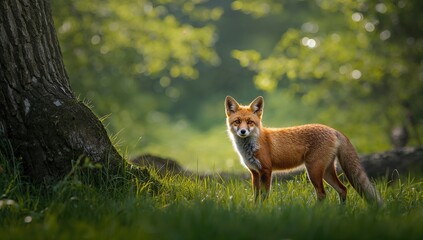 Obraz premium Red fox standing near a fallen log in a forest setting, highlighting wildlife observation and natural scenery