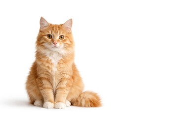 Obraz premium Ginger pet quietly positioned on white studio background with copy space