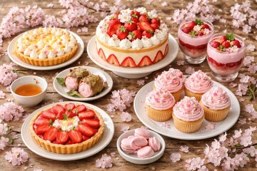 Wooden Surface Showcasing Spring Desserts