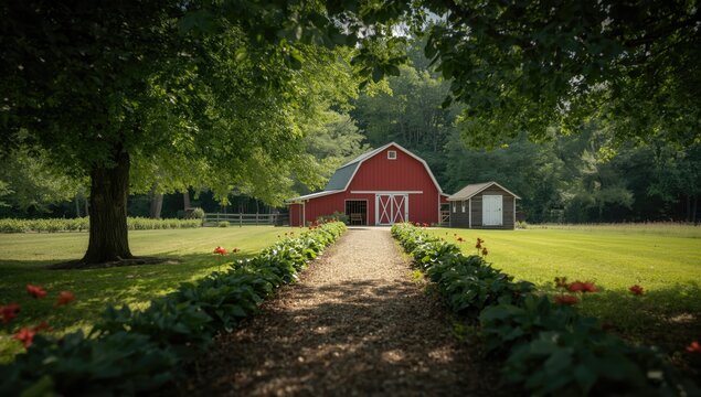 Lush hostas border a shaded garden walk toward a red barn and white shed, bright red blossoms providing contrast, rustic environment, Earth Day