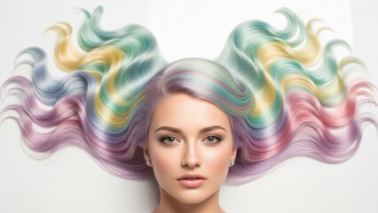 Fashion Model With Rainbow Colored Wavy Hair Styling Delicate Pastel Tones Flowing Around Her Face