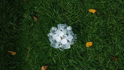 Naklejka premium Cube ice stacked on grass, emphasizing outdoor cooling and hydration