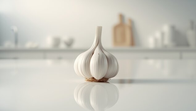 Close-up of white garlic with shiny reflection highlighting its texture and freshness, suitable for food styling