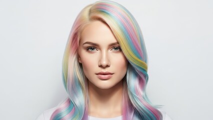 Fashion Model With Rainbow Pastel Colored Hair And White Shirt Studio Portrait