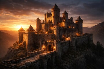 Obraz premium Warm golden rays highlighting fortress features at dusk