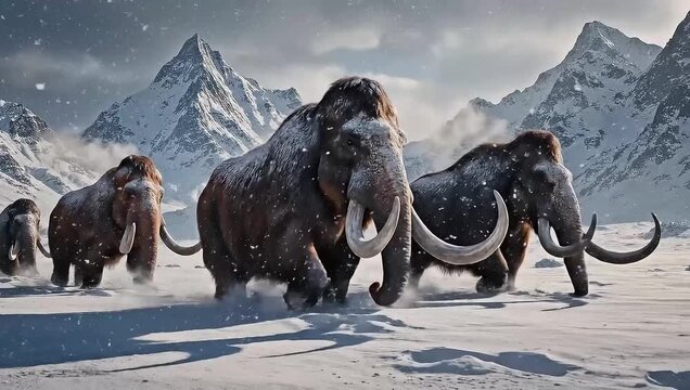 Majestic herd of woolly mammoths walking through a vast, frozen landscape during a snowfall. Prehistoric animals migrating in the ice age