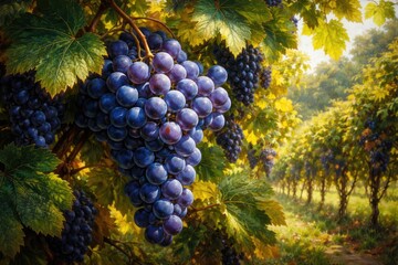 Detailed oil painting of blue grapes under bright sunlight with dense vineyard vines behind