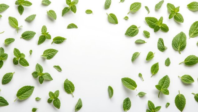 Fresh peppermint leaves spread on a white backdrop, ideal for herbal product display or recipe backdrop