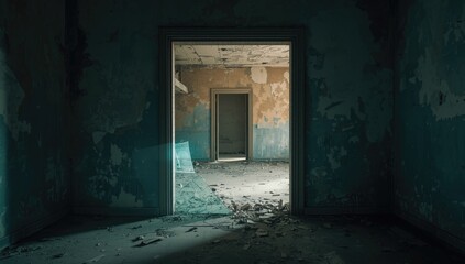 Entryway with broken glass panes reveals a deteriorating interior featuring peeling paint and scattered debris, illustrating neglect