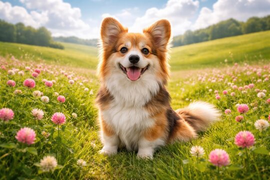 Playful pet captured in a full length portrait amidst vibrant clover flowers on a fresh green lawn with rolling fields and fluffy clouds