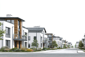Modern housing estate with contemporary family homes featuring white facades, wooden accents, balconies, and landscaped greenery along clean street under bright daylight