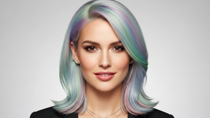 Portrait Of A Woman With Colorful Pastel Rainbow Hair And Makeup Wearing Black Blazer