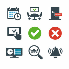 Office room booking icons: calendar, meeting, occupied, check mark, alert, access