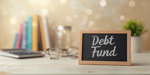 Debt fund written on a mini chalkboard surrounded by financial tools and reading materials, highlighting investment planning, World Financial Literacy Day