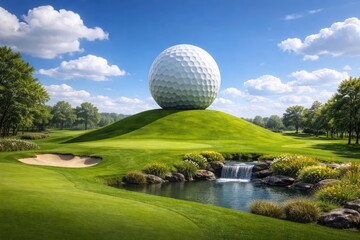 Idyllic golf setting with monumental golf ball perched on flourishing green hill under blue sky