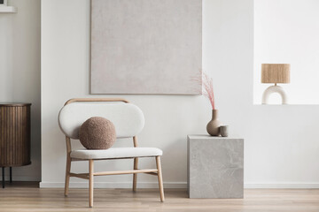 View of modern scandinavian style interior with chair and trendy vase, Home staging and minimalism concept.