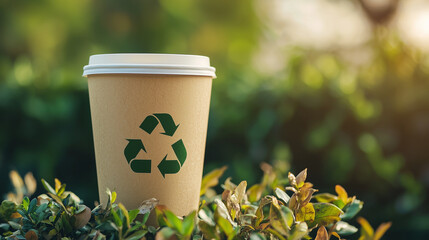 Eco-friendly paper coffee cup with recycling symbol placed in greenery, representing sustainable consumption and environmentally responsible lifestyle.