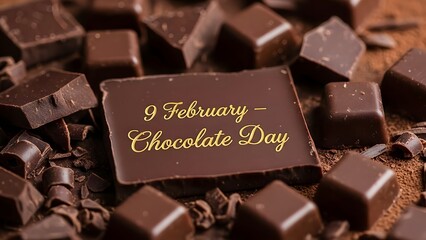 Delicious array of dark chocolate pieces and chunks scattered artfully around a central bar celebrating national nine february chocolate day holiday event