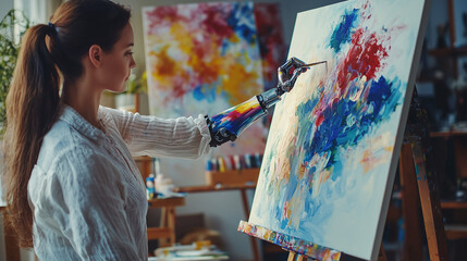 Young female artist painting abstract art using a robotic prosthetic arm in a creative studio. Concept of technology, creativity, artificial intelligence, and human potential.