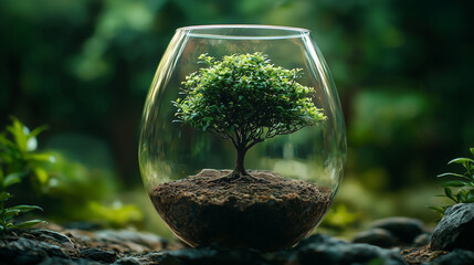 Small green tree growing inside a glass terrarium. Concept of nature protection, sustainability, ecology, environmental balance, and green future.