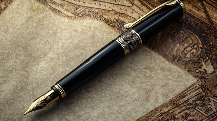 Elegant black and gold fountain pen lying on vintage paper. Concept of luxury, writing, business, classic style, and professional stationery.