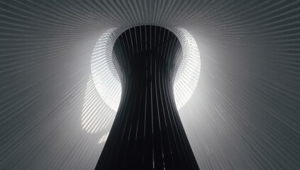 Modern building interior with a distinctive black cone and white stripe ceiling, focusing on innovative architectural elements