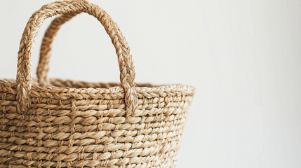 Handwoven straw basket isolated on white background. Natural materials, eco-friendly storage, minimal home decor, and sustainable lifestyle concept.