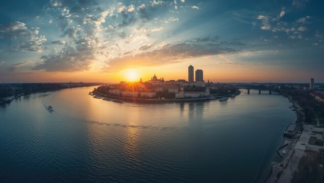 Galati Town along the Danube River during sunset, emphasizing urban-river interface