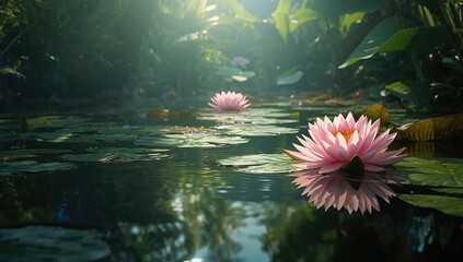 Waterlily resting on calm water surface serving as a serene backdrop for editorial design, nature scene