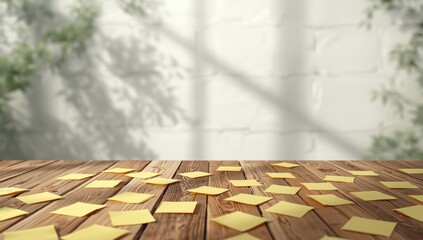 Collection of yellow sticky notes placed on a rustic wooden surface used for brainstorming or note-taking, ideal for editorial headers