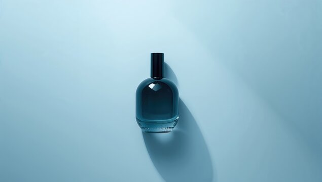 Minimalist black glass perfume container against a blue backdrop, used in product presentation and layout design