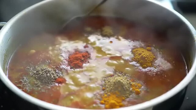 Vibrant aromatic spices, including turmeric and paprika, simmering in a hot pot, releasing rich flavors and creating a fragrant base for a delicious homemade meal