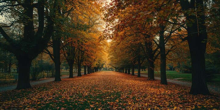 Public park during fall with vibrant amber and gold trees and leaf-covered ground