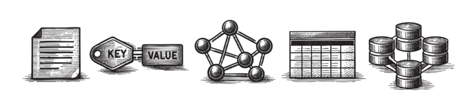 This stylized illustration features five distinct black and white icons representing data concepts: a document, a key-value tag, a network node structure, a grid, and a stacked database.