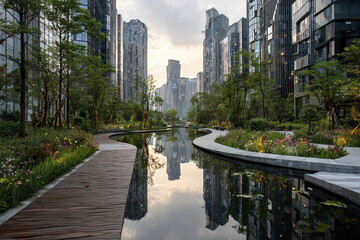 Fototapeta premium Modern urban park with winding water canal, surrounded by futuristic high rise buildings and lush greenery, creating peaceful and reflective atmosphere at sunset