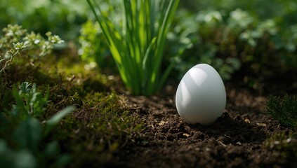 Fresh farm eggs placed on soil amid lush greenery, highlighting organic agriculture, World Food Day