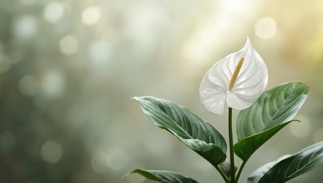 Close-up of a white anthurium flower highlighting glossy leaf texture, suitable for floral design backgrounds