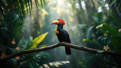 Obraz premium Male Bar-pouched Wreathed Hornbill with vibrant plumage in forest environment, highlighting biodiversity significance