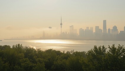 Obraz premium Morning fog obscures downtown Toronto, highlighting atmospheric conditions and city lighting
