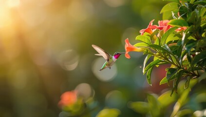 Obraz premium Small Caribbean island scene with hummingbird feeding on tropical blossoms, highlighting biodiversity